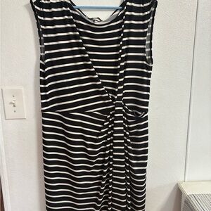 LOFT Black and White Striped Dress with side gathering XL NWOT